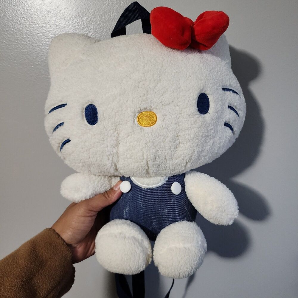 Sanrio Hello Kitty Sherpa Figural Plush Backpack Denim Overalls Red Bow 14" Bag